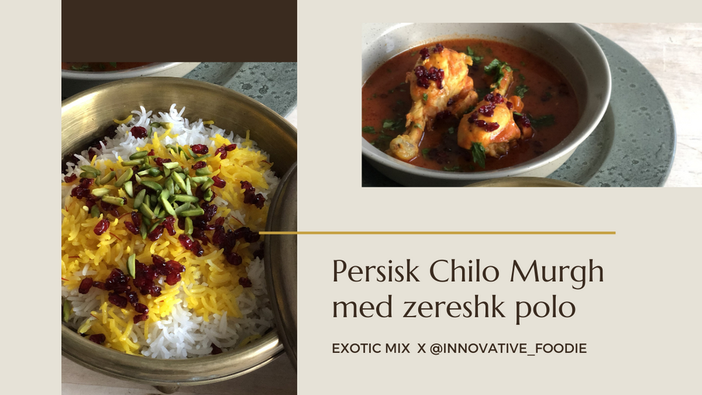 Persisk Chilo murgh ret (kylling i rød syrlig safransovs) og zereshk polo (ris med berberis bær)