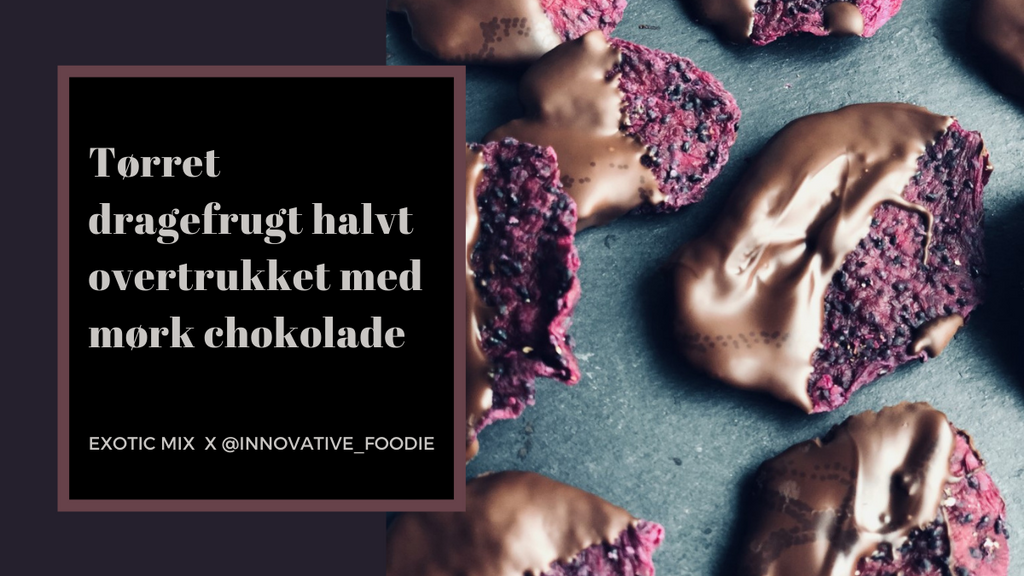 Tørret dragefrugt halvt overtrukket med mørk chokolade